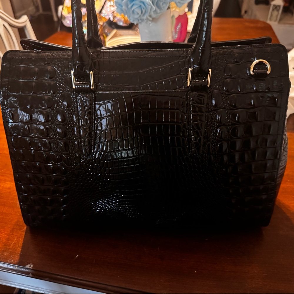 Brahmin Black and Gold Croc-Embossed Satchel
